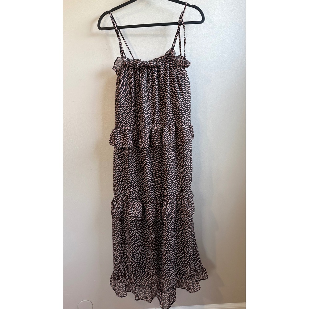 Who What Wear Pink Black Petal Print Tiered Maxi Dress Ruffle Tie Strap